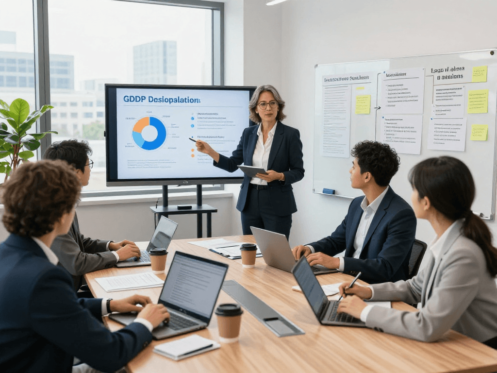Startseite von Datenschutzlösungen im modernen Büro mit Präsentation und Teamarbeit.