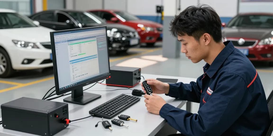 Techniker mit Autoschlüsselprogrammiersystem, Siehe hier für Expertentipps.