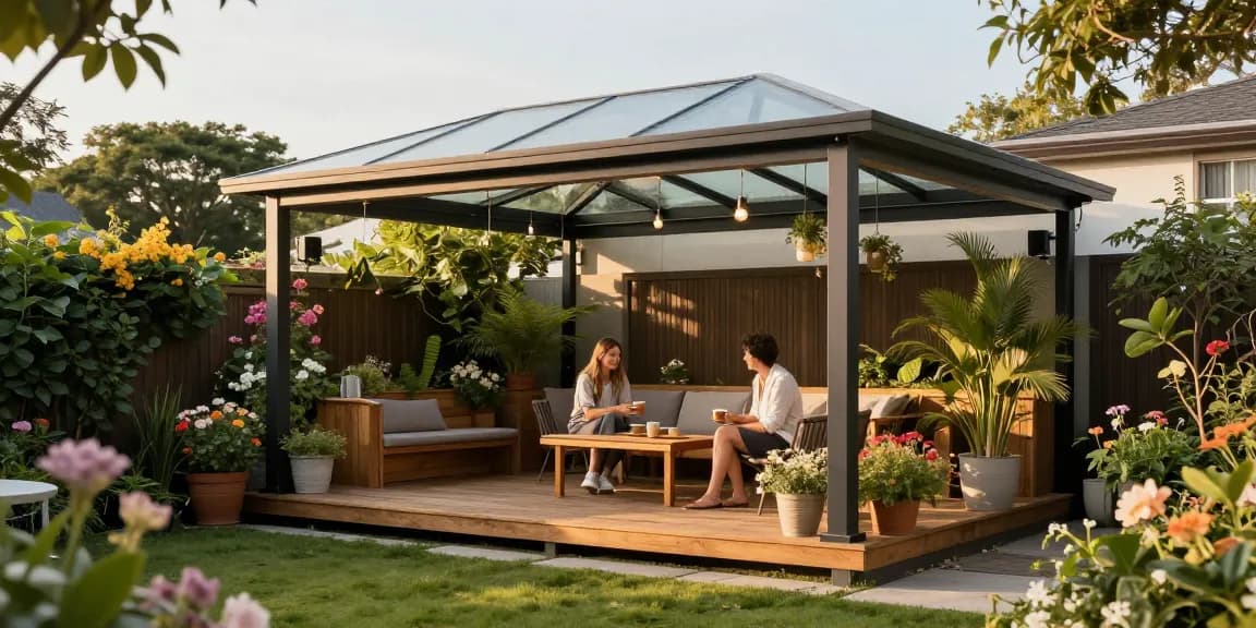 Freistehende Terrassenüberdachung im modernen Design, umgeben von blühenden Pflanzen.