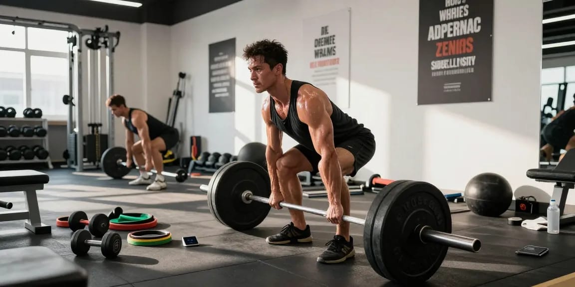 Anabolika Shop Deutschland: Bodybuilder beim intensiven Training im Fitnessstudio mit Gewichten und motivierenden Zitaten im Hintergrund.
