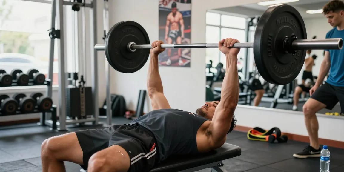 Anabolika Shop: Bodybuilder beim Training im Fitnessstudio mit Gewichten.