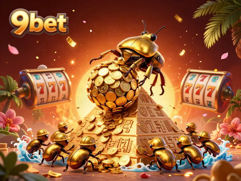 Engage with 9bet's dynamic gaming scene featuring a golden dung beetle and thrilling slot action.