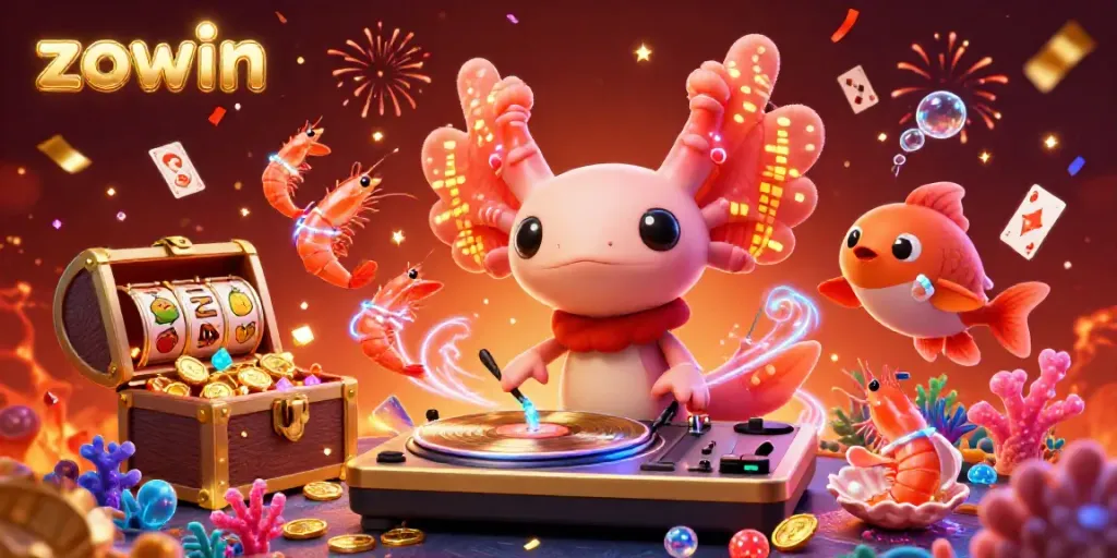 Engage with zowin as vibrant characters spin records and celebrate undersea with casino elements.