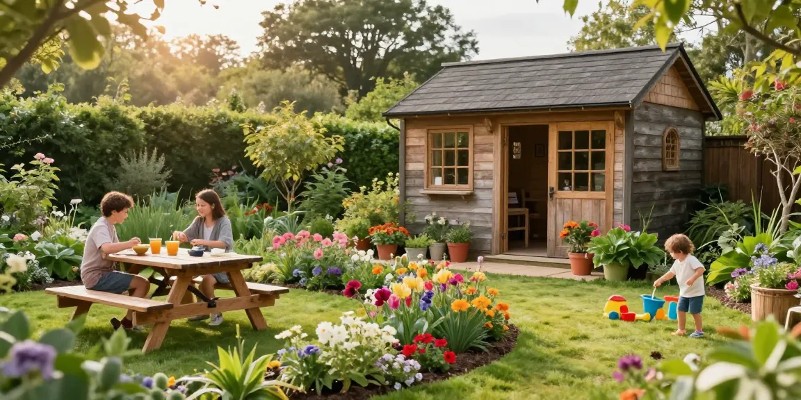 Ein Gartenhaus umgeben von blühenden Pflanzen, ideal für Familie und Freizeit.