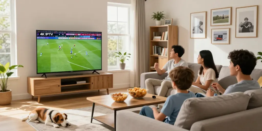 Family enjoying IPTV Test in 4K during a live football match.