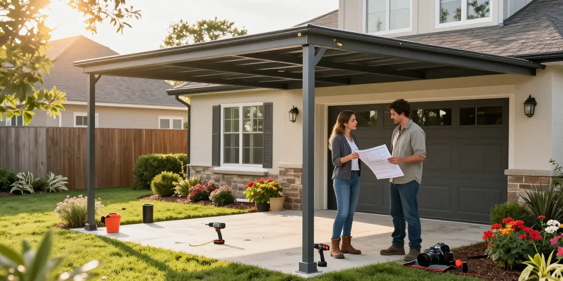 Carport Installation im Freien mit Handwerkern, die die Struktur aufbauen.