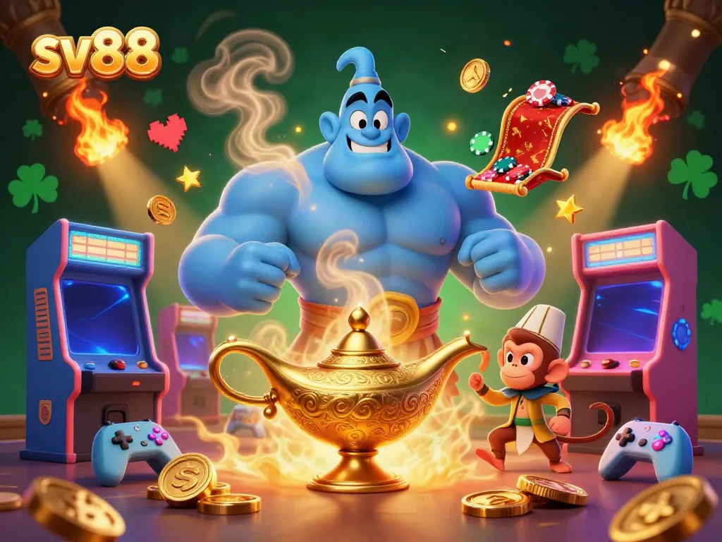 Experience the thrill of sv88 with a dynamic genie and gaming elements in a vibrant casino scene.