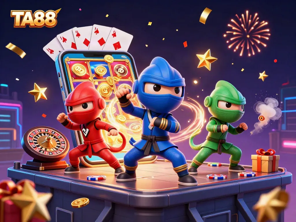 TA88 showcases a vibrant cartoon scene of ninja chameleons in martial arts poses amid gambling elements.