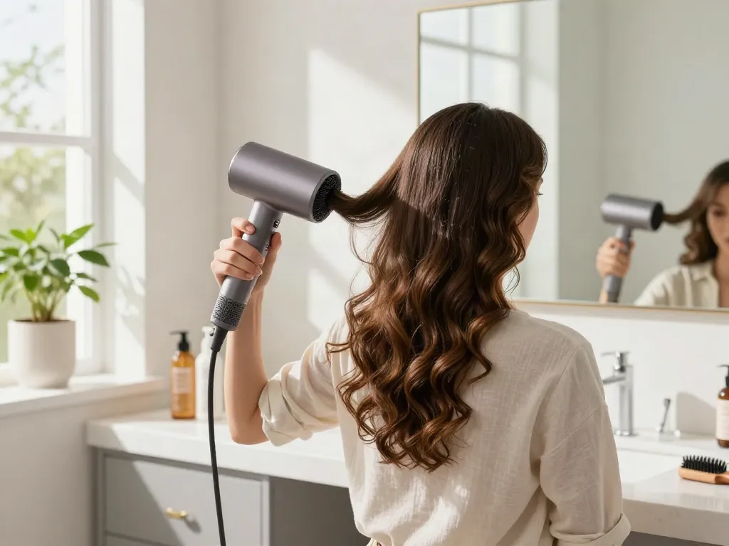 Stylist mit Ionenföhn in hellem Badezimmer, der langes Haar glättet.