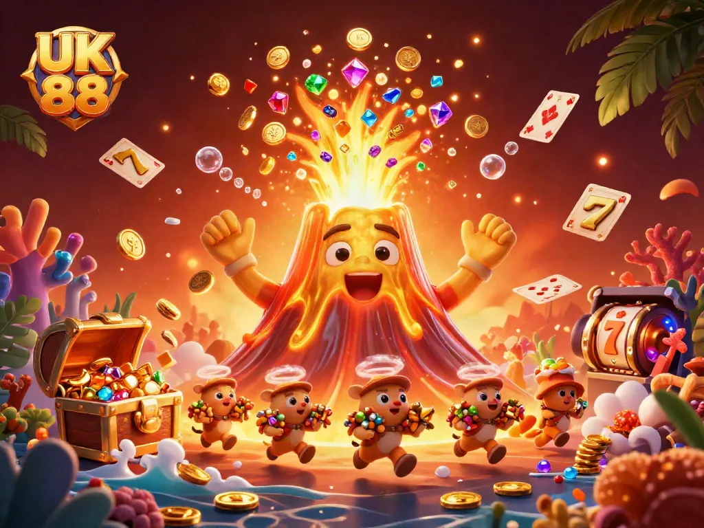 Join the excitement at UK 88 as a vibrant golden volcano erupts coins and treasure in a lively casino scene.