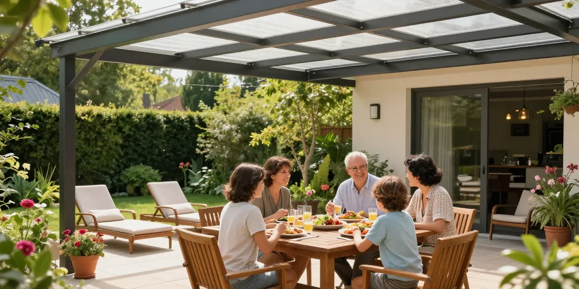 Moderne Terrassenüberdachung bietet perfekten Schatten für ein entspanntes Familienessen im Garten.
