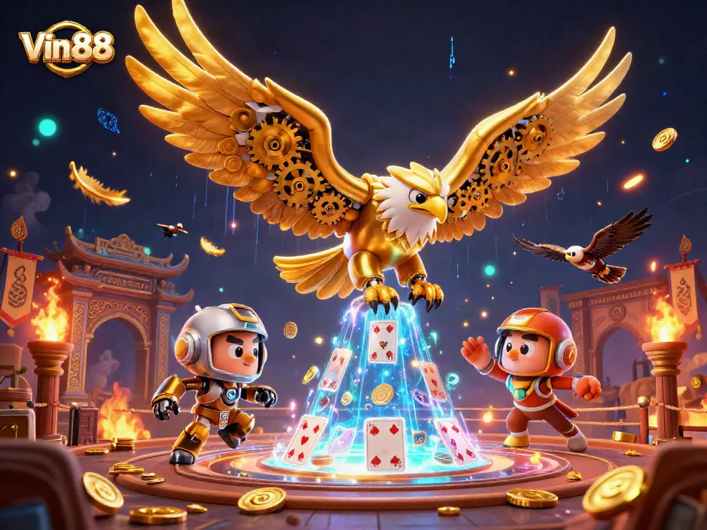 Experience thrilling bets at Vin 88 with cybernetic eagle amidst vibrant casino elements.