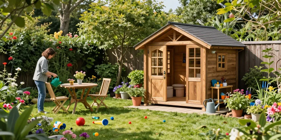 Ein wunderschönes Gartenhaus aus Holz umgeben von blühenden Pflanzen und einer einladenden Gartenlandschaft.