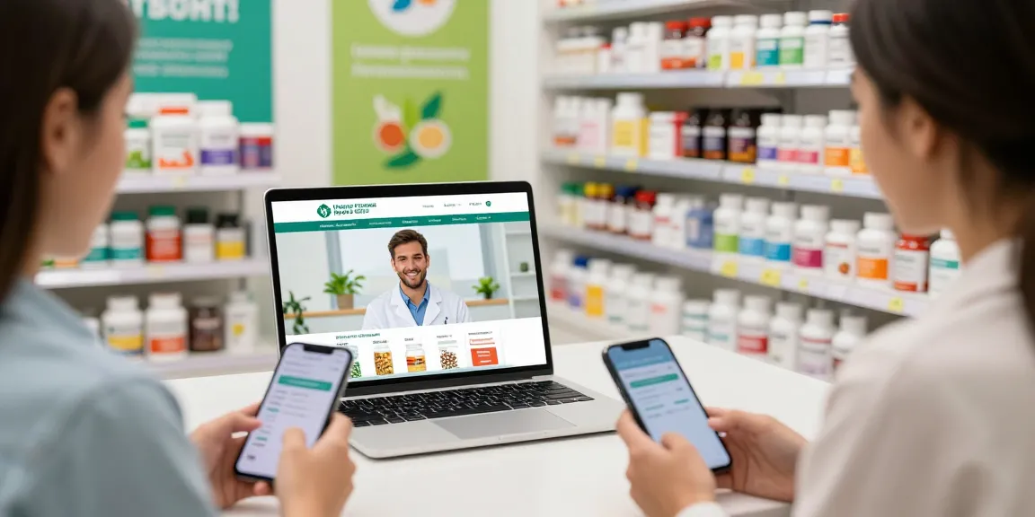Aktive Online-Shopping-Szene im Unique Pharma Shop, wo ein Apotheker einem Kunden hilft.