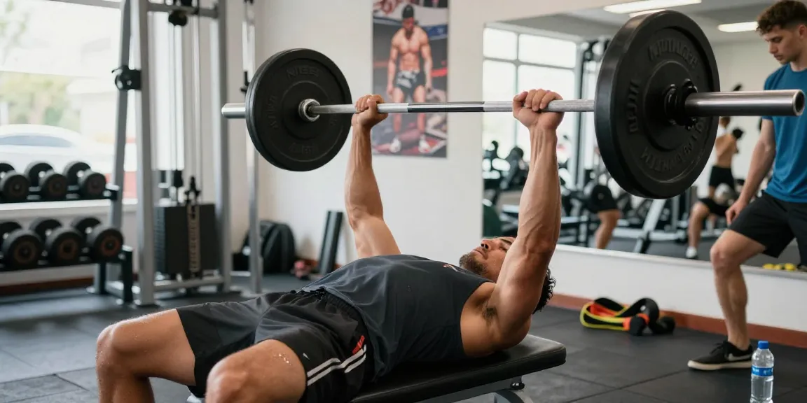 Anabolika Shop: Bodybuilder beim Training im Fitnessstudio mit Gewichten.