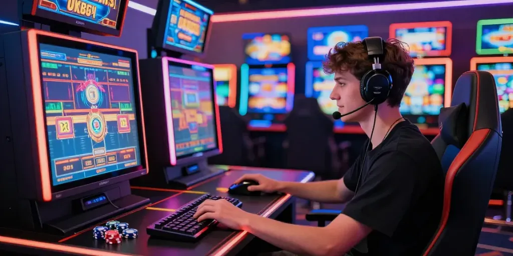 Engaging online gaming scene at https://uk88.ad/ showcasing a player immersed in vibrant slot machines and gaming excitement.