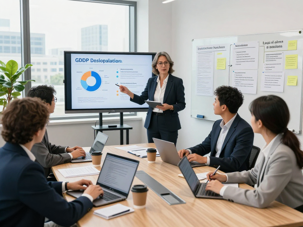 Startseite von Datenschutzlösungen im modernen Büro mit Präsentation und Teamarbeit.
