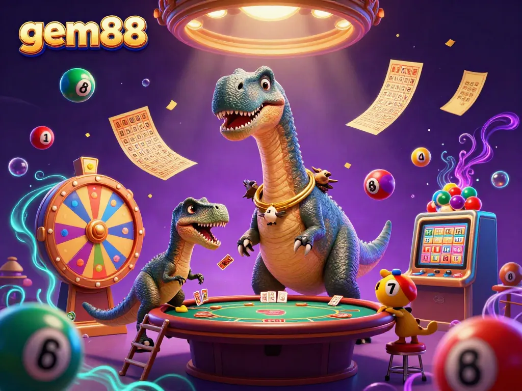Experience the excitement of gem88 casino with a whimsical 3D illustration of a giant dinosaur dealer managing a poker game.