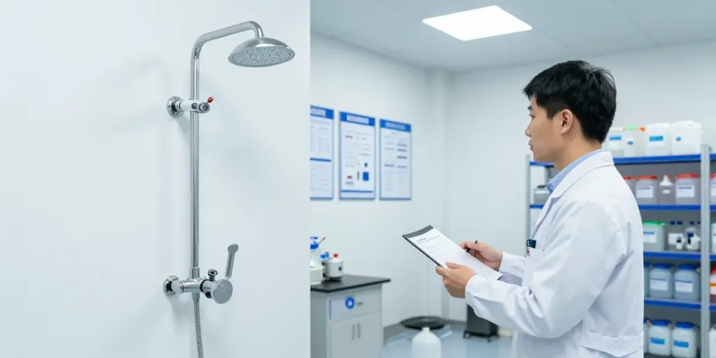 Emergency shower for Gefahrstofflager in a laboratory environment.