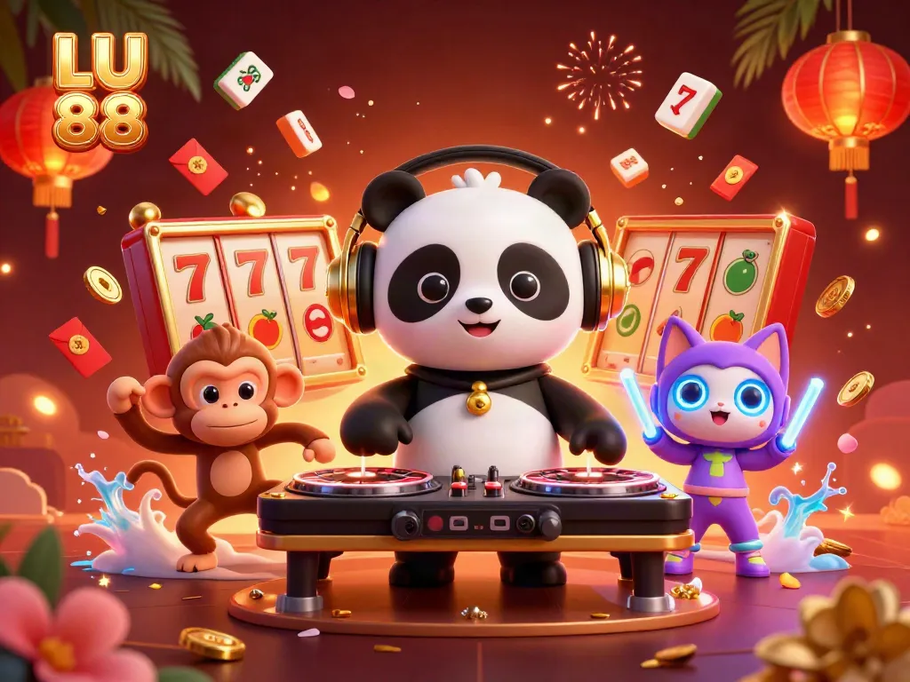 Experience exciting gaming action at LU 88 with dynamic scenes featuring roulette wheels and vibrant characters.