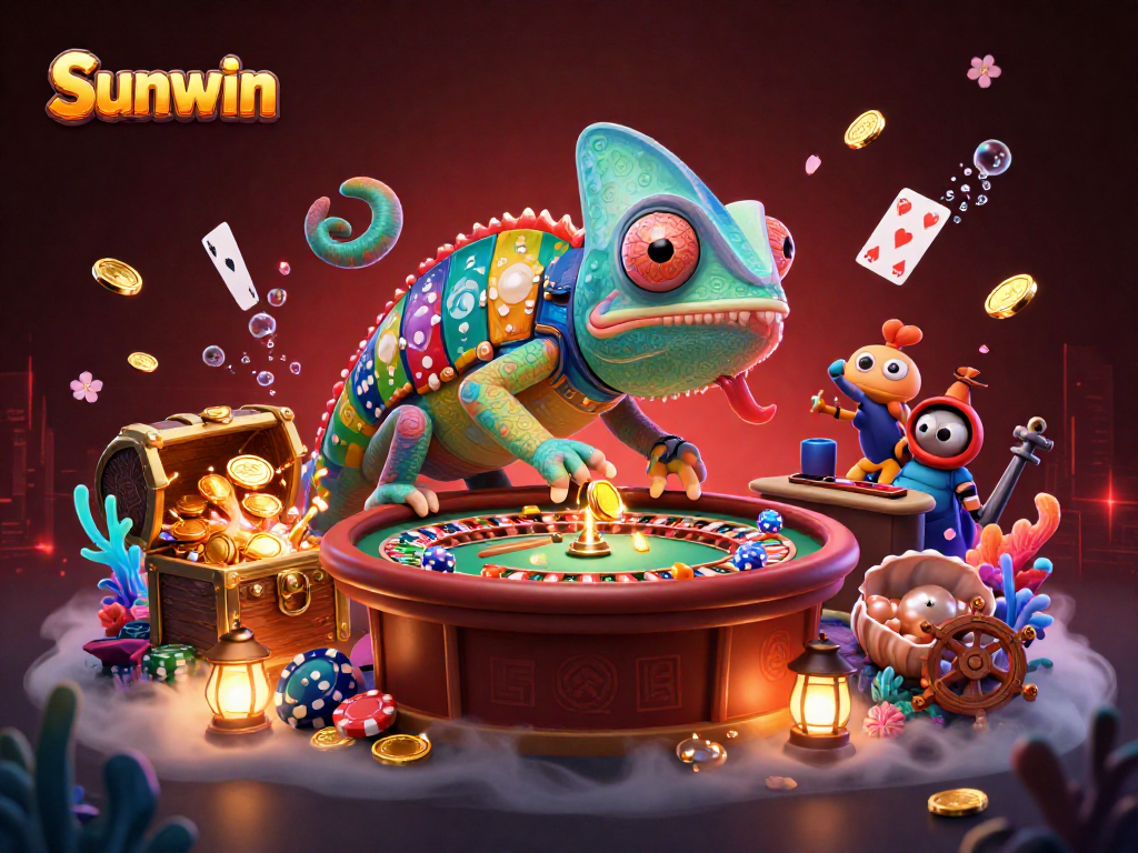 Experience Sunwin's vibrant casino world with a chameleon character collecting golden coins.