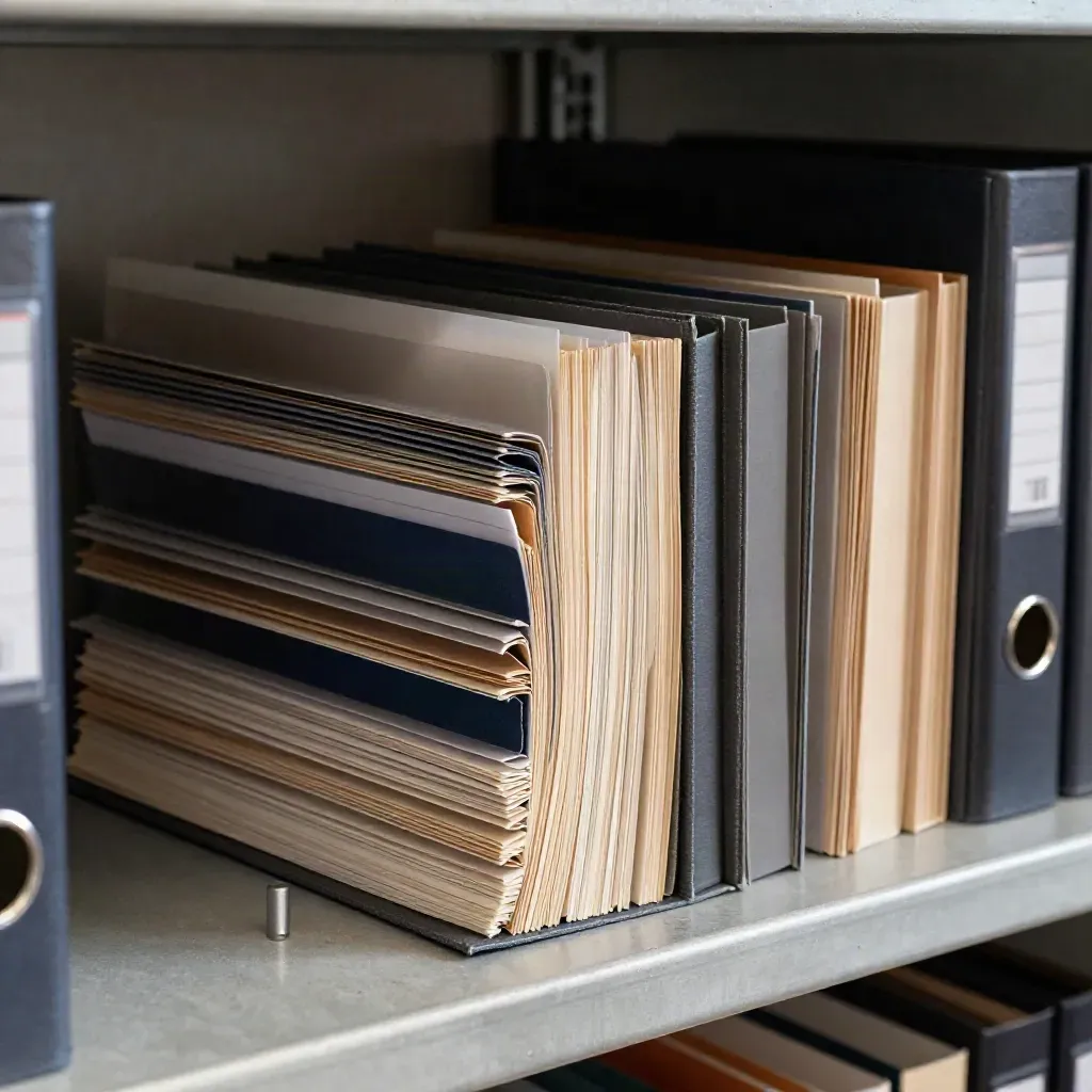 Dichte Due-Diligence-Archive mit Metallbeschwerer in dramatischem Archivlicht.