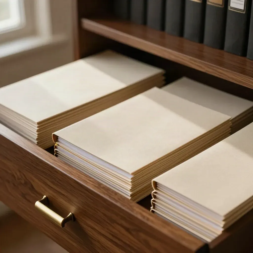 Offene Archivschublade mit zwölf Dossier-Paketen und goldener Closing-Akte im warmen Licht