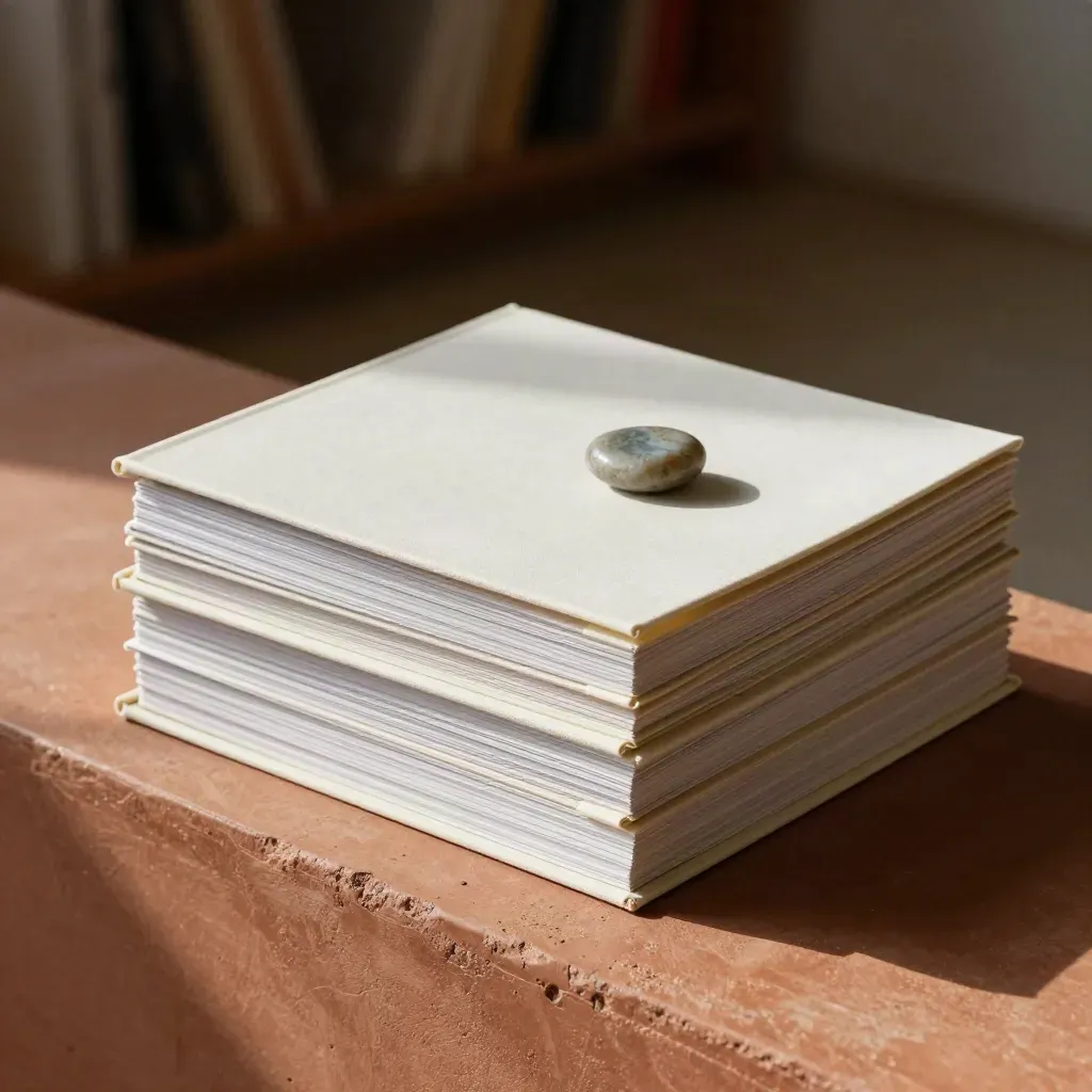 Gestapelte Quartals-Update-Binder mit Steingewicht auf terrakottafarbener Fläche.