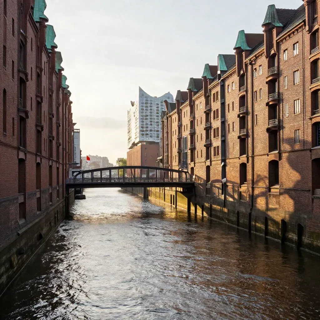 Hamburger Speicherstadt bei Sonnenuntergang mit Kanal, Brücken und Elbphilharmonie im Dunst