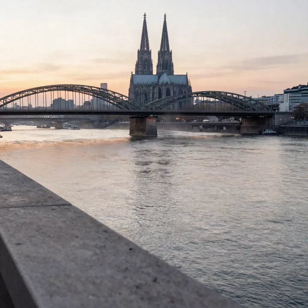 Kölner Rheinfront im Abendlicht mit Domsilhouette, Brückenträgern und ruhigem Fluss