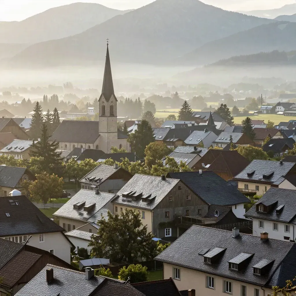 Münchner Stadtrand nach Regen mit Kirchturm, nassen Dächern und Alpen im Dunst