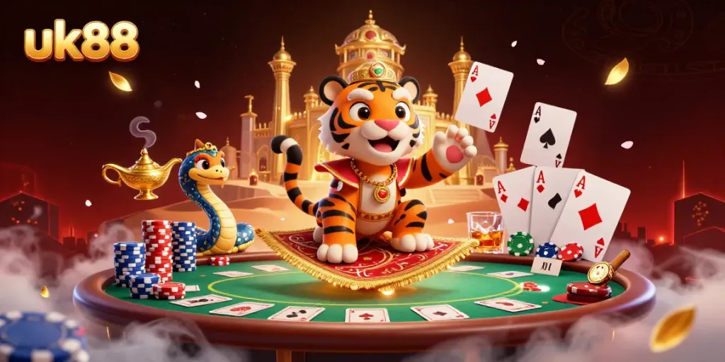 Experience excitement with uk88's vibrant casino scene featuring a tiger sultan and dynamic poker elements.