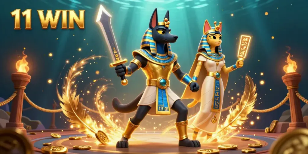Experience the thrill of 11 WIN with a dynamic scene featuring Anubis and Bastet surrounded by golden gaming elements.