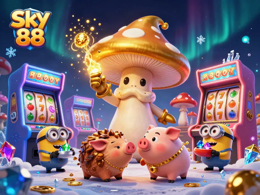 Sky 88 enhances the gaming experience with a magical golden mushroom wizard and treasure elements illustrating casino excitement.