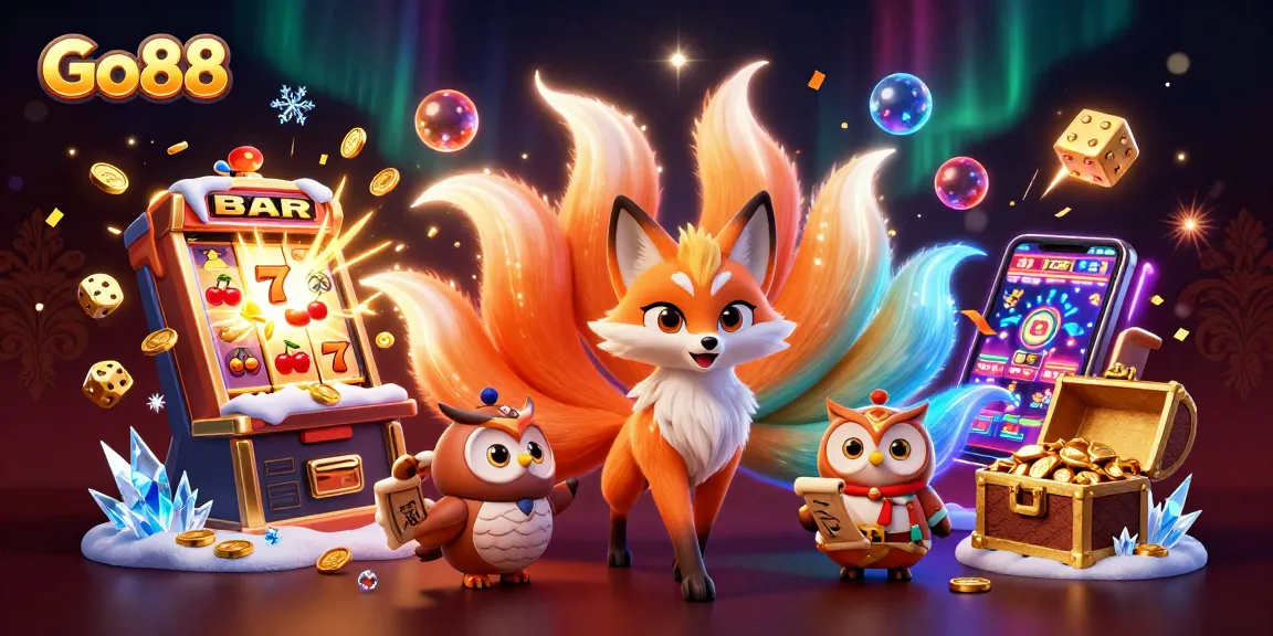 Experience Go88's vibrant gaming world with a dazzling fox spirit, slots, and treasures!