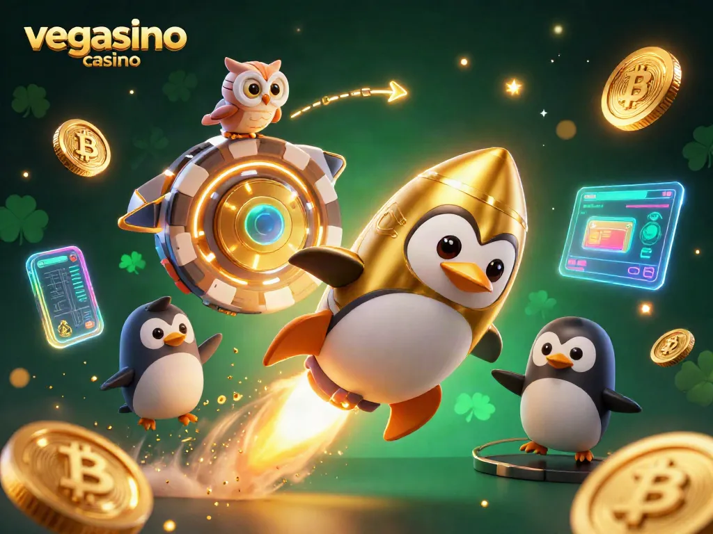 Experience vegasino casino excitement with a cartoon penguin racing towards a giant poker chip station.
