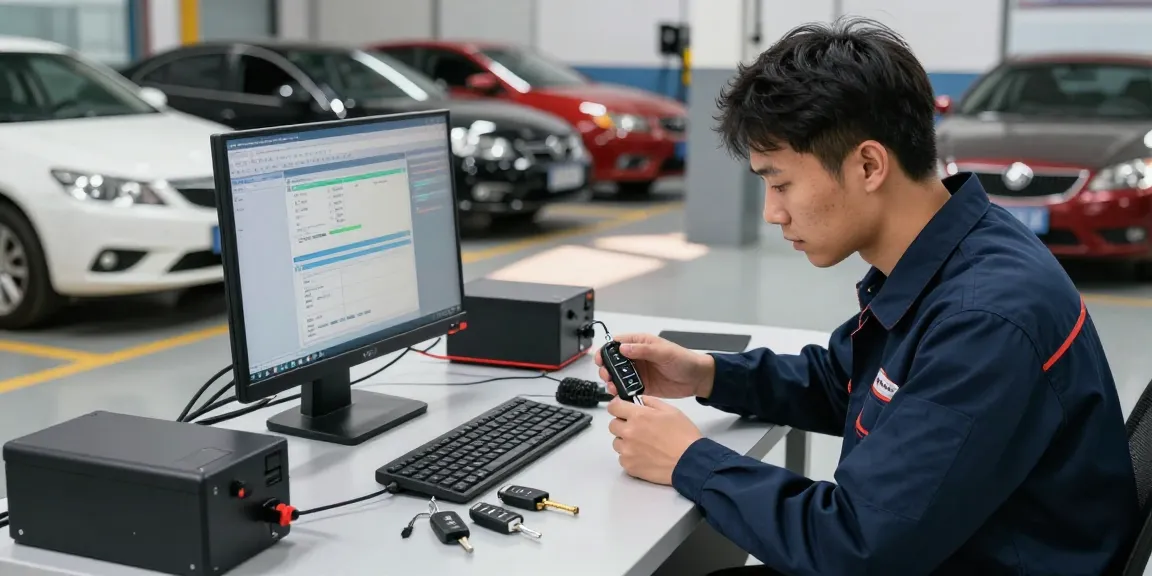 Techniker mit Autoschlüsselprogrammiersystem, Siehe hier für Expertentipps.