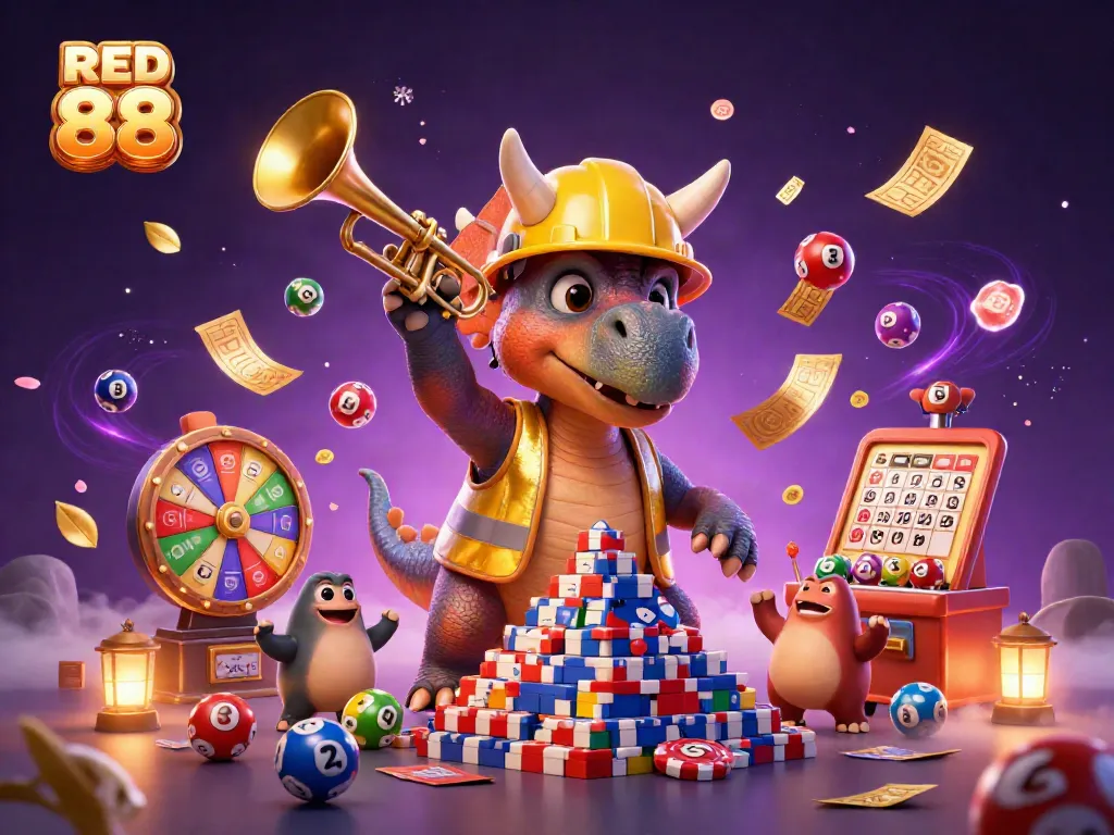 Engage with dynamic casino fun at RED 88 with triceratops building poker chips amid colorful games.