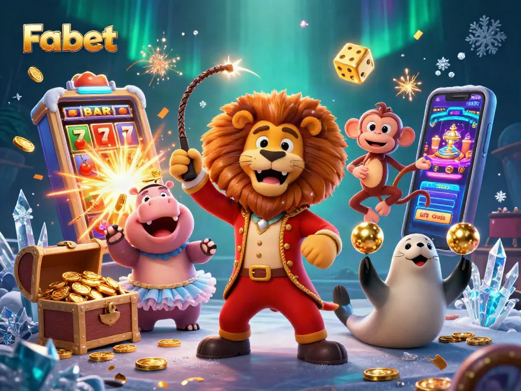 Fabet enhances excitement with a dynamic casino scene featuring cartoon characters and jackpot elements.