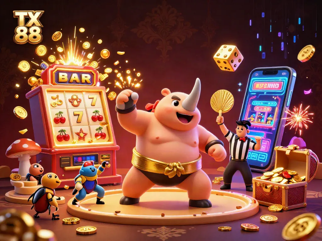 TX 88 showcases a thrilling scene with a sumo beetle champion and dynamic casino elements.