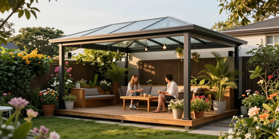 Freistehende Terrassenüberdachung im modernen Design, umgeben von blühenden Pflanzen.