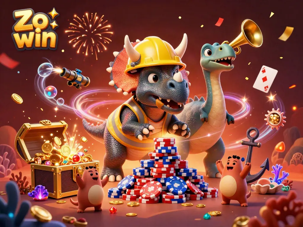 Engage in thrilling gameplay with Zo win as a cartoon triceratops builds poker chip towers amidst gold coins and casino excitement.