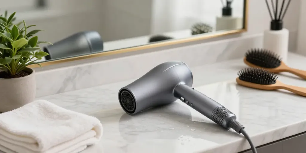 Eleganter Haartrockner auf einer marmorierten Anrichte im Badezimmer mit Haarzubehör und Pflanzen.