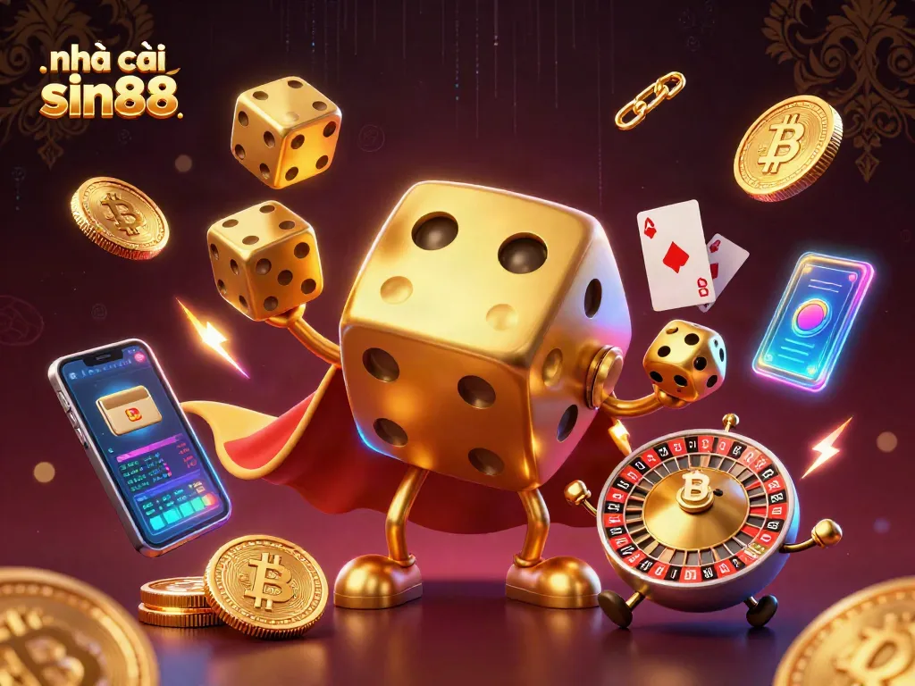 Engage with nhà cái sin88 through a vibrant 3D casino experience featuring a golden dice golem.