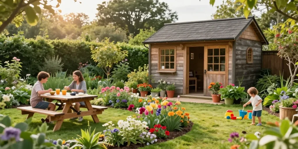 Ein Gartenhaus umgeben von blühenden Pflanzen, ideal für Familie und Freizeit.