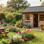 Ein Gartenhaus umgeben von blühenden Pflanzen, ideal für Familie und Freizeit.