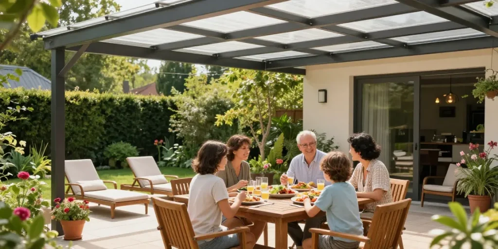 Moderne Terrassenüberdachung bietet perfekten Schatten für ein entspanntes Familienessen im Garten.