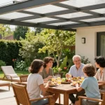 Moderne Terrassenüberdachung bietet perfekten Schatten für ein entspanntes Familienessen im Garten.