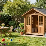 Ein wunderschönes Gartenhaus aus Holz umgeben von blühenden Pflanzen und einer einladenden Gartenlandschaft.