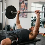 Anabolika Shop: Bodybuilder beim Training im Fitnessstudio mit Gewichten.